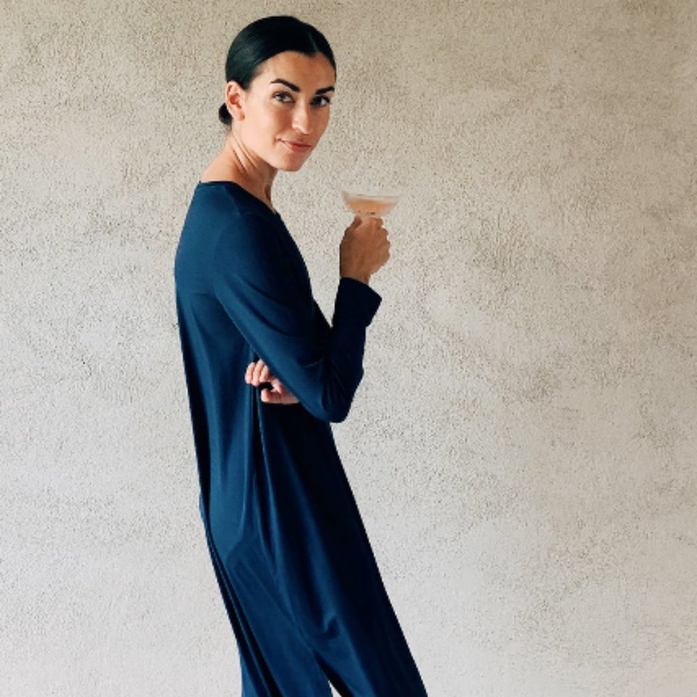 LAKE Bamboo Long Sleeve Lounge Dress in Navy - XS